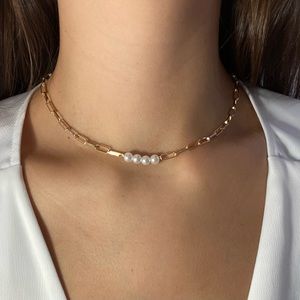 14k Gold Paperclip Chain and Pearl Bar Necklace